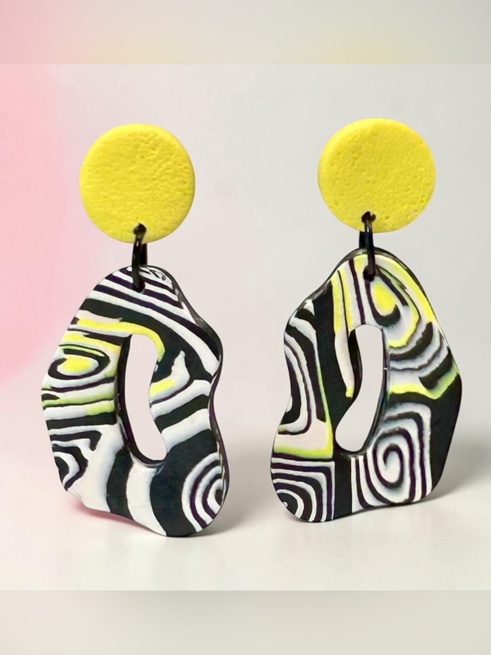 Handmade Yellow Black & White Graphic Print Polymer Clay LG Dangle Earrings SS